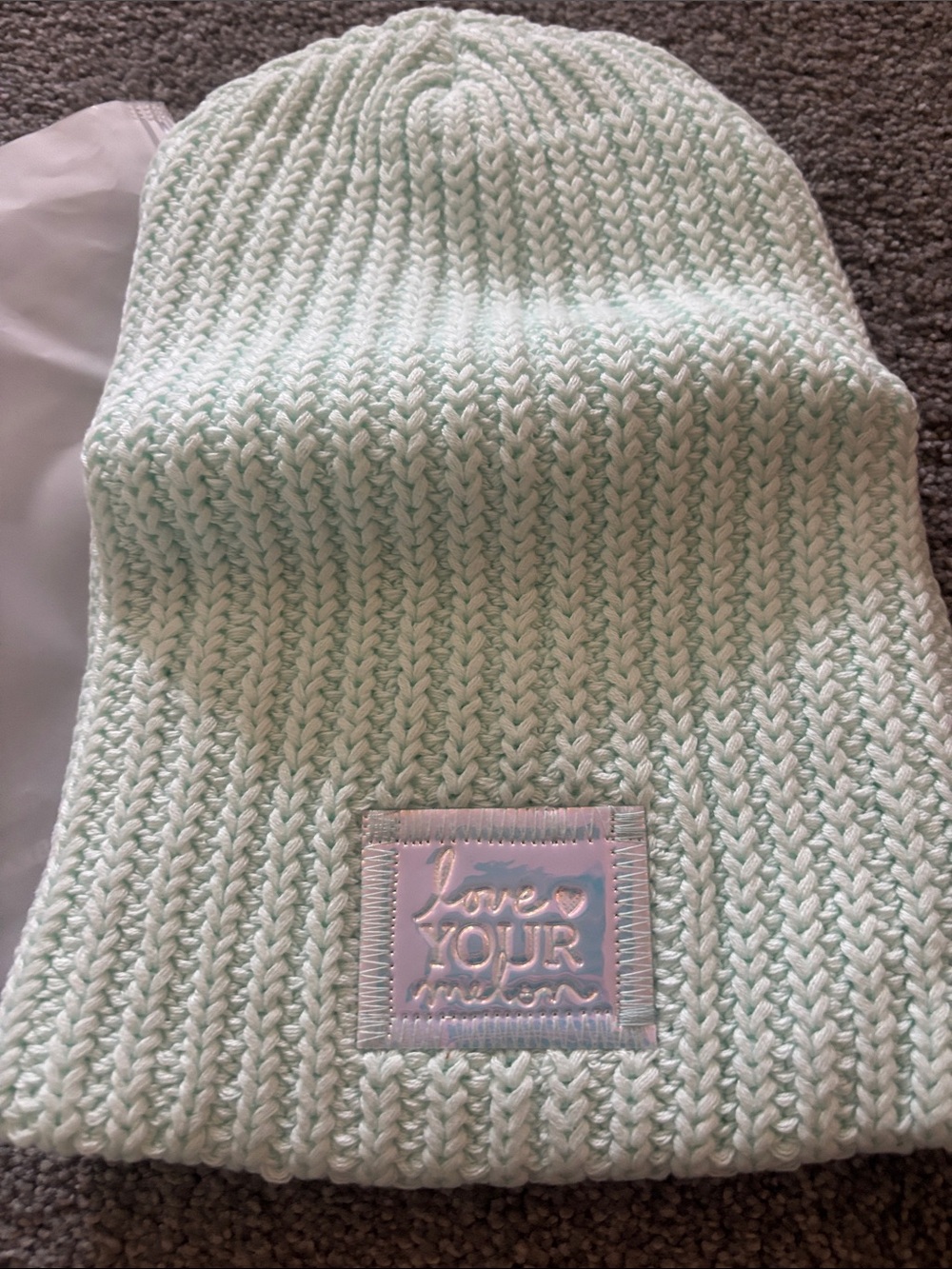 Love Your Melon Mint Green Knit Beanie with Iridescent Patch